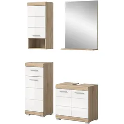 BADMÖBEL-SET weiß Hochglanz, Eiche 4-teilig 112 cm, Kombination mit viel Stauraum