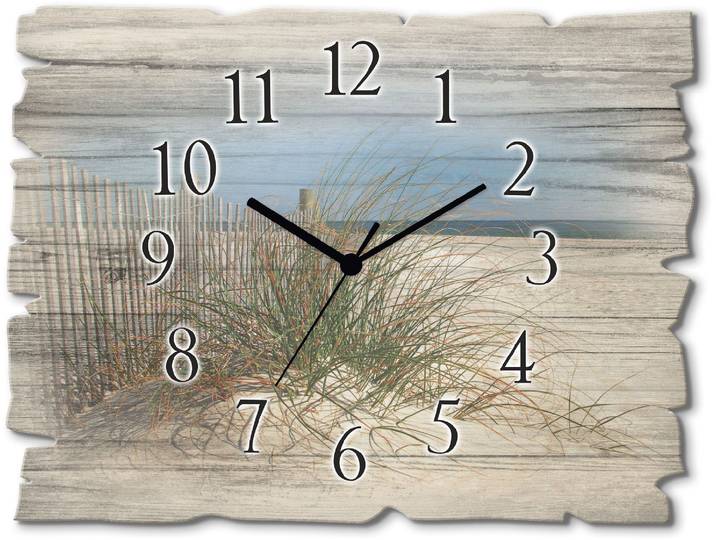 Wanduhr ARTLAND Schöne Sanddüne mit Gräsern und Zaun , beige (natur), B:40cm H:30cm T:0,6cm, Wanduhren, Wanduhr, wahlweise mit Quarz- oder Funkuhrwerk, lautlos ohne Tickgeräusche