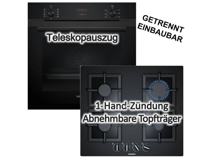 SIEMENS Backofen-Set Teleskopauszug + Gas-Kochfeld automatische Gasabschaltung autark 60 cm