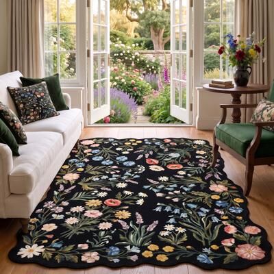 BLUEBELL Floral Scalloped Machine Washable Area Rug, Non Slip Faux Wool Botanical Carpet