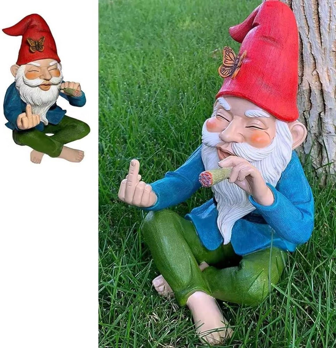 Grappige Tuinkabouter met Middelvinger Gebaar voor Terrasdecoratie