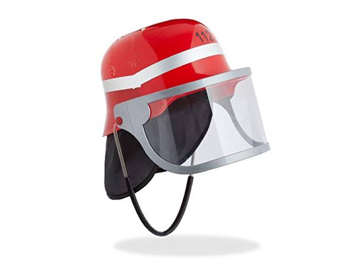 Relaxdays brandweerhelm kind, met vizier, nekdoek & kinband, verstelbare hoofdomvang, brandweermannen helm, rood