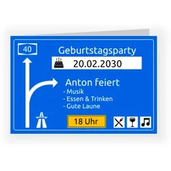 Geburtstagskarte Einladung in Blau im Design "Autobahn" - Musterkarte