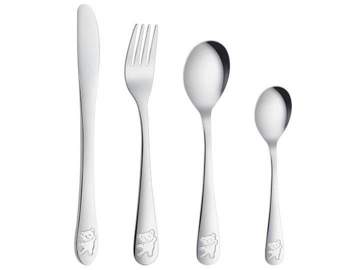 Kinderbesteck 4-teiliges Set Edelstahl mit Bärenmotiv, graviert, Silberfarben, Metall, Füttern, Kinderbesteck