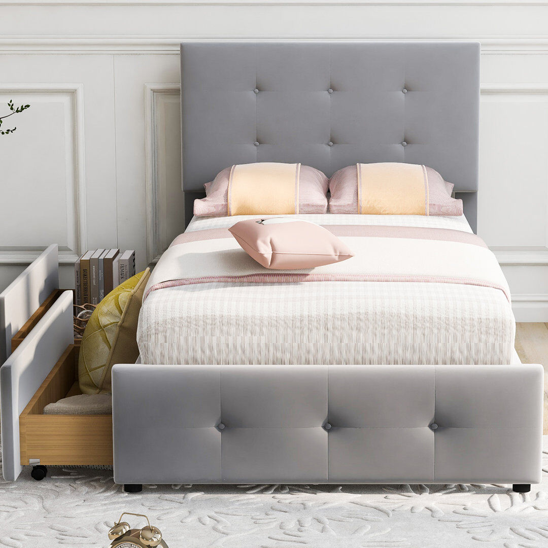 Brayden Studio Yvoire Upholstered Velvet Drawers Bed Grey European Single (90 x 200cm)
