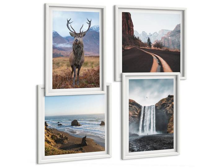 Tulup Bilder SET 4er Set - 50x50 cm & 40x60 cm Weißer Rahmen - Berglandschaften, Wasserfälle, Hirsche, Strände, Kunststoff, Rechteckig, 50x50 cm, Fotografie, Bilder & Rahmen, Bilder