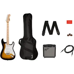 Squier Sonic Stratocaster Pack MN 2-Color Sunburst elektrische gitaar starterset (Ahorn, Pappel, Synthetischer Knochen), Gitarre, Braun
