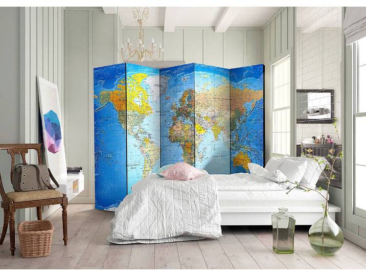 Paravent World Classic Map 1-seitig Vlies auf Massivholz Multicolor 225 x 172 x 3cm