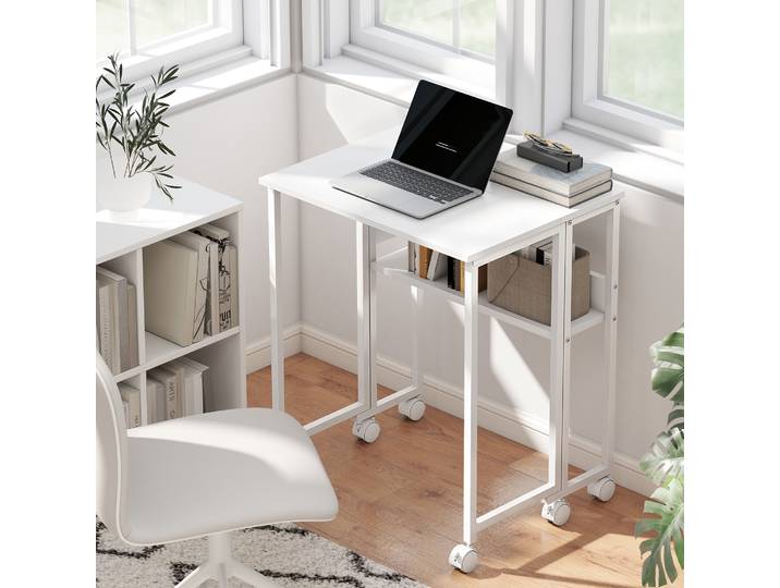 HOMCOM Bureau Pliable Blanc Convertible Table et Étagère Ouverte