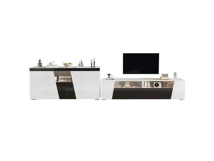Ensemble Meuble TV avec buffet combiné laqué brillant éclairage LED noir et blanc 180x38.5x45cm et 140x40x65cm