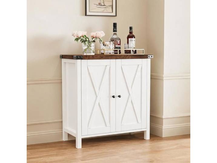 JOLLYTOP Buffet Style Fermier 80cm - Meuble de Rangement avec Portes Coulissantes et Étagère Réglable - Blanc/Brun