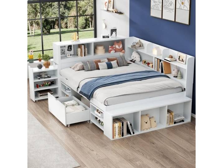 Lit enfant blanc multifonction avec rangements tiroir et bibliothèque