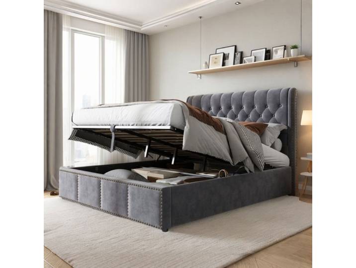 Lit coffre 160x200 - HOFURNI - Velours gris - 2 places - Design contemporain - Capacité 300 kg