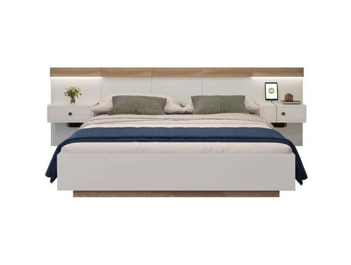 Lit adulte 160x200cm - ModernLuxe - Chêne + Blanc - LED - Ports USB - Chevets suspendus
