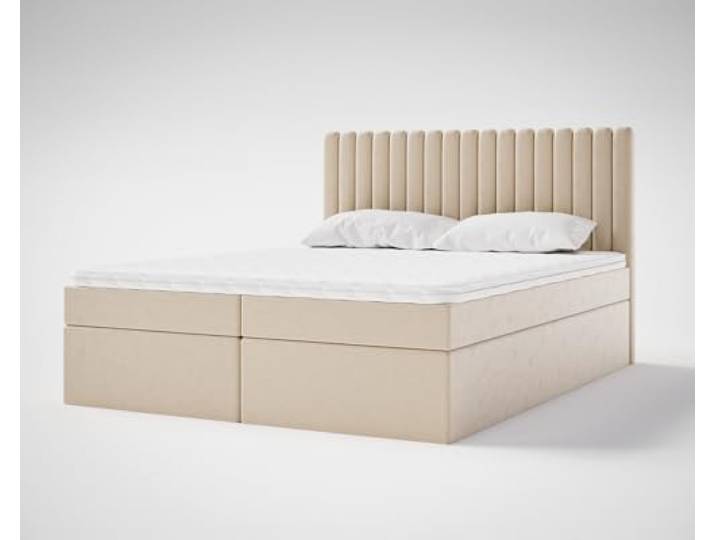 Emporius Boxspringbett 160x200 Daliro - Lattenrost & Bettkasten, Bonell-Matratze, Topper - Doppelbett, Schlafzimmerbett - Samtstoff Beige (Jasmine 21)