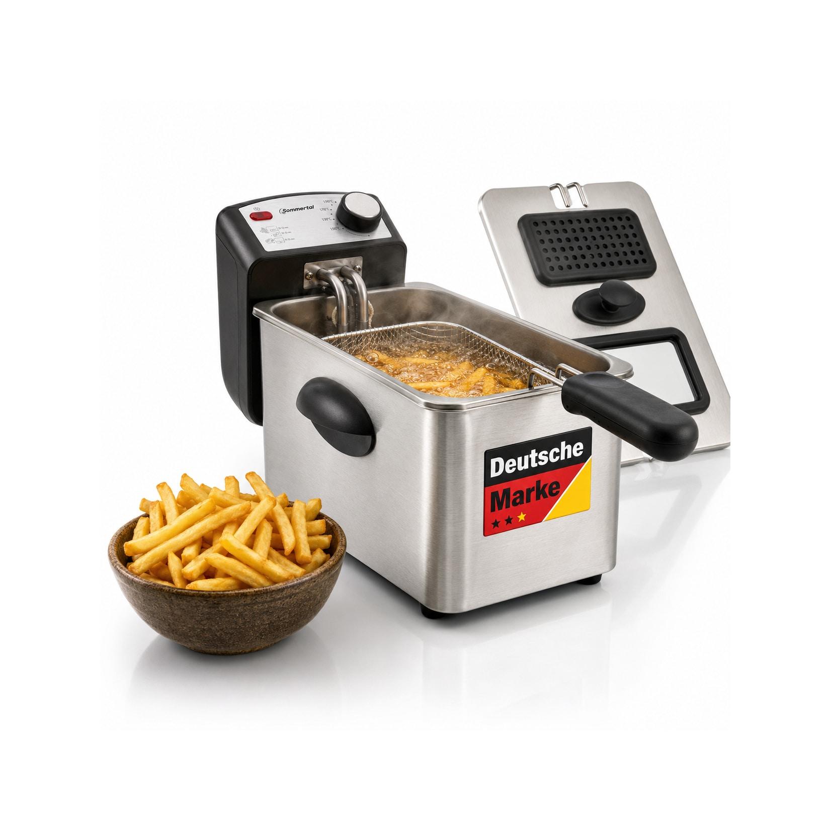 Sommertal Fritteuse 3L 2000W Edelstahl – Öl Fritteuse 130–200°C mit Sichtfenster