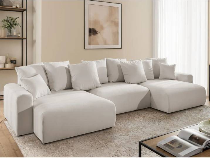 S-Style Möbel Calma - Komfortable Wohnlandschaft im Bumpy-Design mit Schlaffunktion und Bettkasten aus weichem Webstoff - Beige