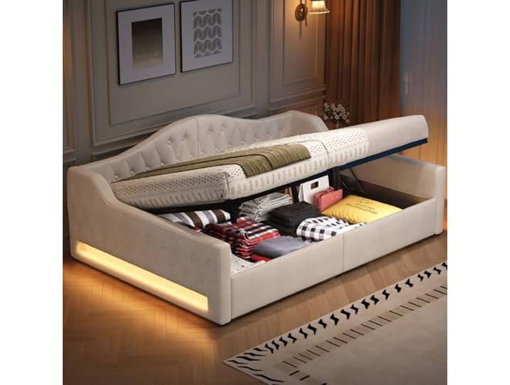 Polsterbett Tagesbett 140x200 Doppelbett mit LED-Licht & Stauraum, Beige Multifunktionales Tagesbett Gästebett 140x200 Doppelbett Funktionsbett mit LED-Beleuchtung und Stauraum, Ohne Matratze