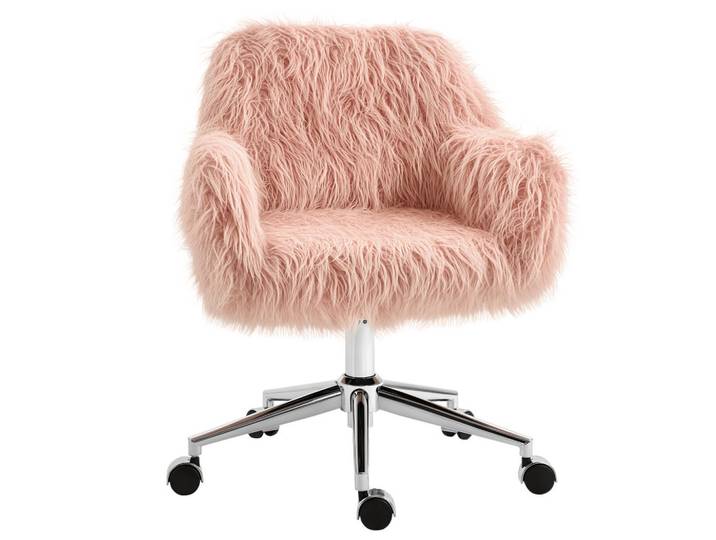 ComfortXL Drehstuhl De-05116 Mit Kunstfell, höhenverstellbar & drehbar Rosa/Silber, Pink, Silberfarben, Metall, 60x85x57 cm, Büromöbel, Bürostühle, Drehstühle