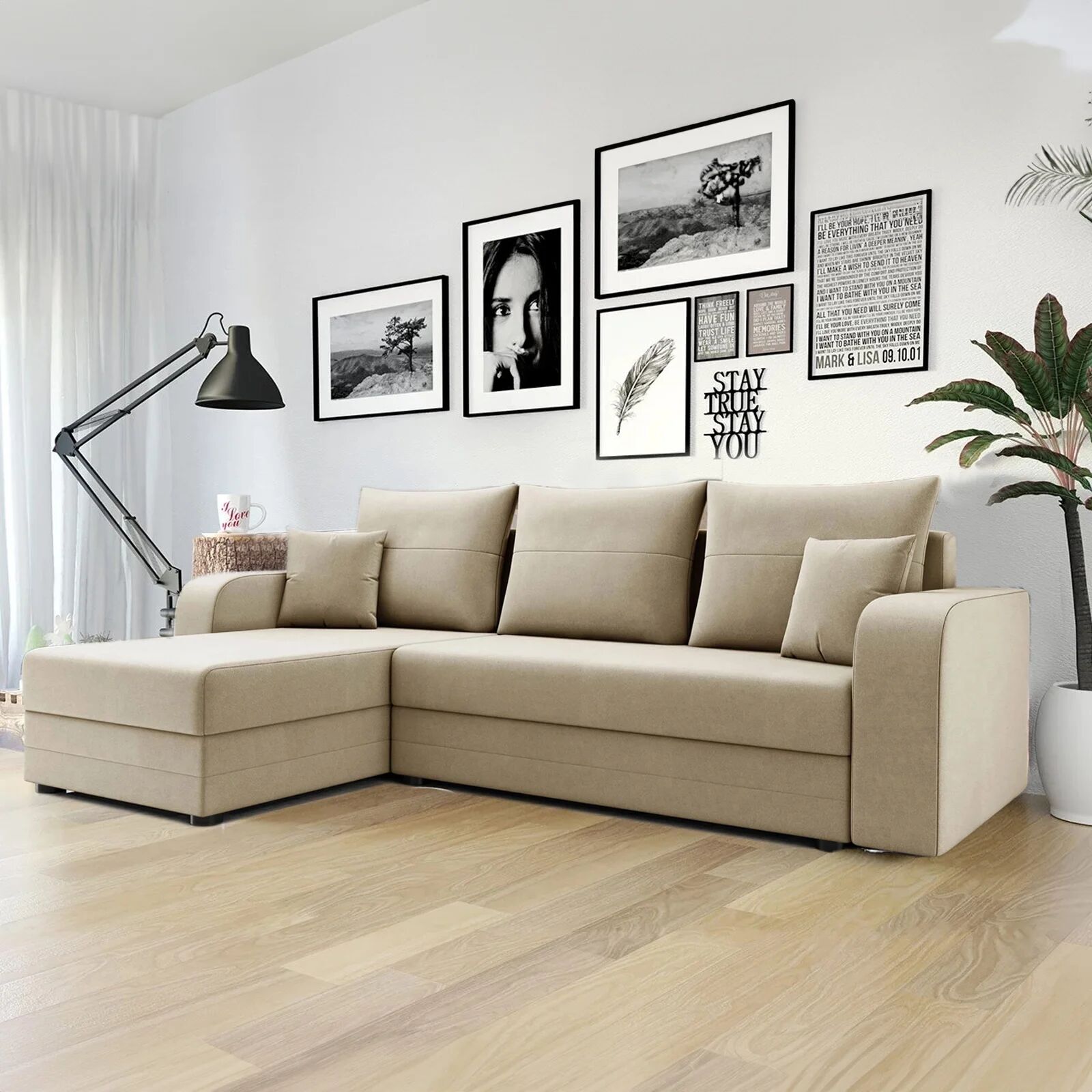 garneroarredamenti Divano angolare letto reversibile 237x139cm 3 posti matrimoniale angolare beige Flow
