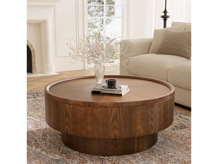 WUPDPQS 31 Zoll Runder Couchtisch mit Stauraum, D 80cm Für Wohnzimmer, Massivholzfurnier, Trommelform, Aufklappbarer Deckel, Mid-Century-Modern, Wohnzimmertisch Für Kleine Räume