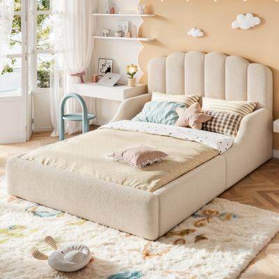 GREATPLANINC Kids Platform Bed Teddy Upholstered Floor Bed with Scalloped Headboard