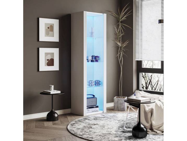 WUVRIE Vitrine blanche brillante LED 55 x 38 x 166 cm avec 3 étagères en verre