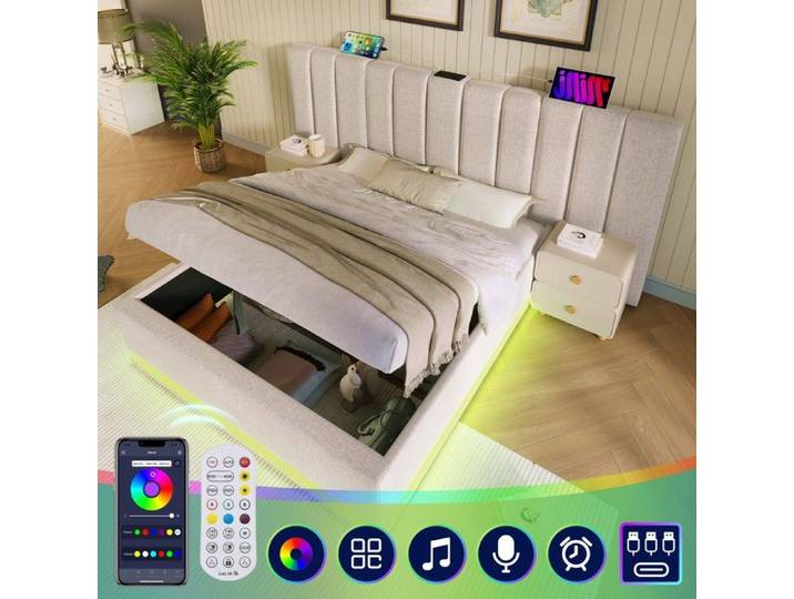 Lit coffre 160x200 avec LED RGB chargeur USB Type-C et rangement hydraulique