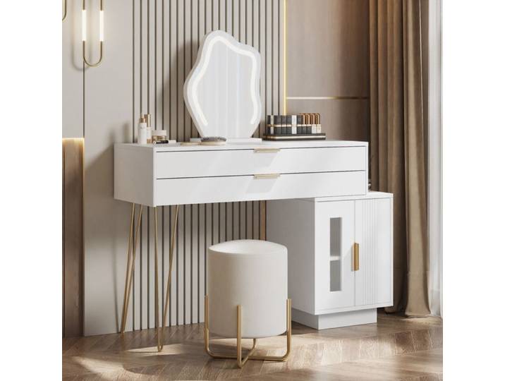 ZUBALIYA Coiffeuse avec miroir éclairé par LED coiffeuse télescopique blanche coiffeuse de chambre (tabouret non inclus)