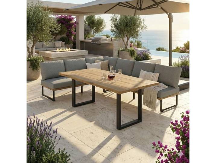 OUTLIV. Alkas Dininglounge Tisch 200x100cm Teak/Sunproof U-Beine Hellgrau