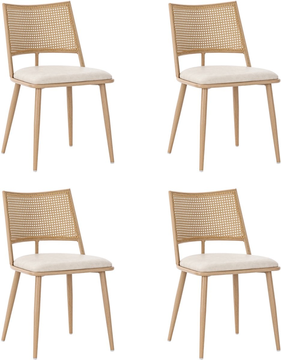 Pugsdrly Set van 4 Eetkamerstoelen met PU-zitting en Rotan Rugleuning, Beige