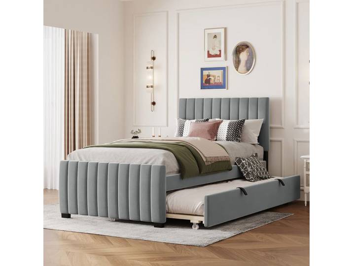 Lit tapissier - KOMHTOM - 90x190 - Velours gris - Lit gigogne - Sommier à lattes