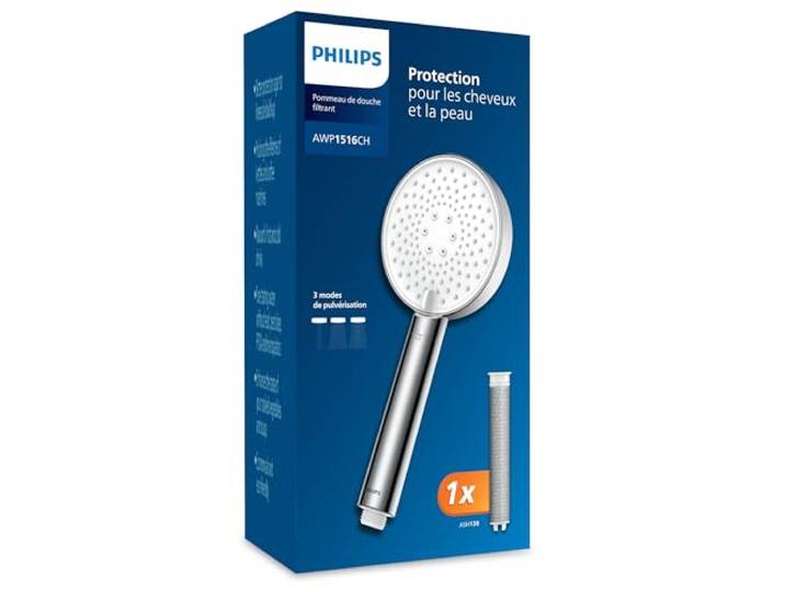 Philips Pommeau de douche avec filtre\, élimine efficacement le chlore et les autres grosses particules\, trois modes de pulvérisation\, design améliorant la pression\, capacité de filtration de 1 mois