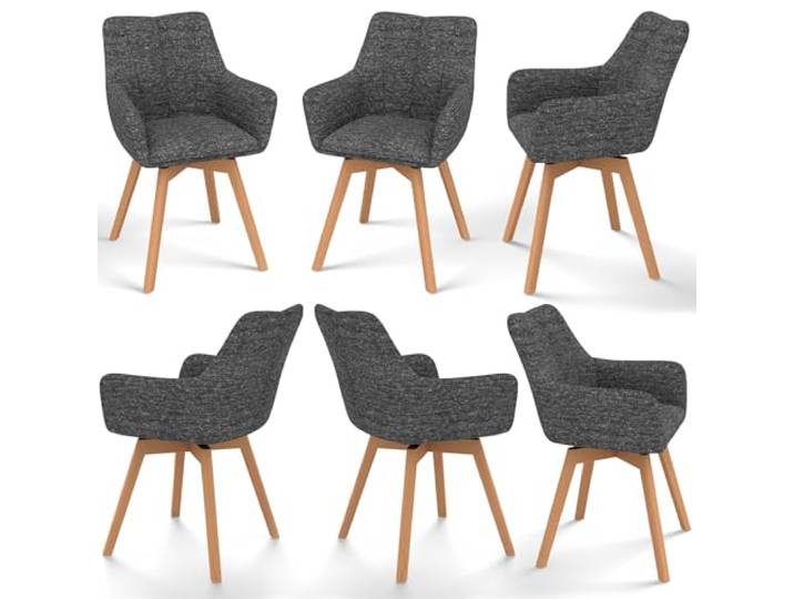 WAFTING Esszimmerstühle 6er Set Drehbar 360° mit Holzbeinen, Grau Tweed-Stoff, Armlehnstuhl, Moderner Polsterstuhl, Drehstuhl, Esszimmerstuhl Drehbar, Wohnzimmer, Arbeitszimmer, Schlafzimmer