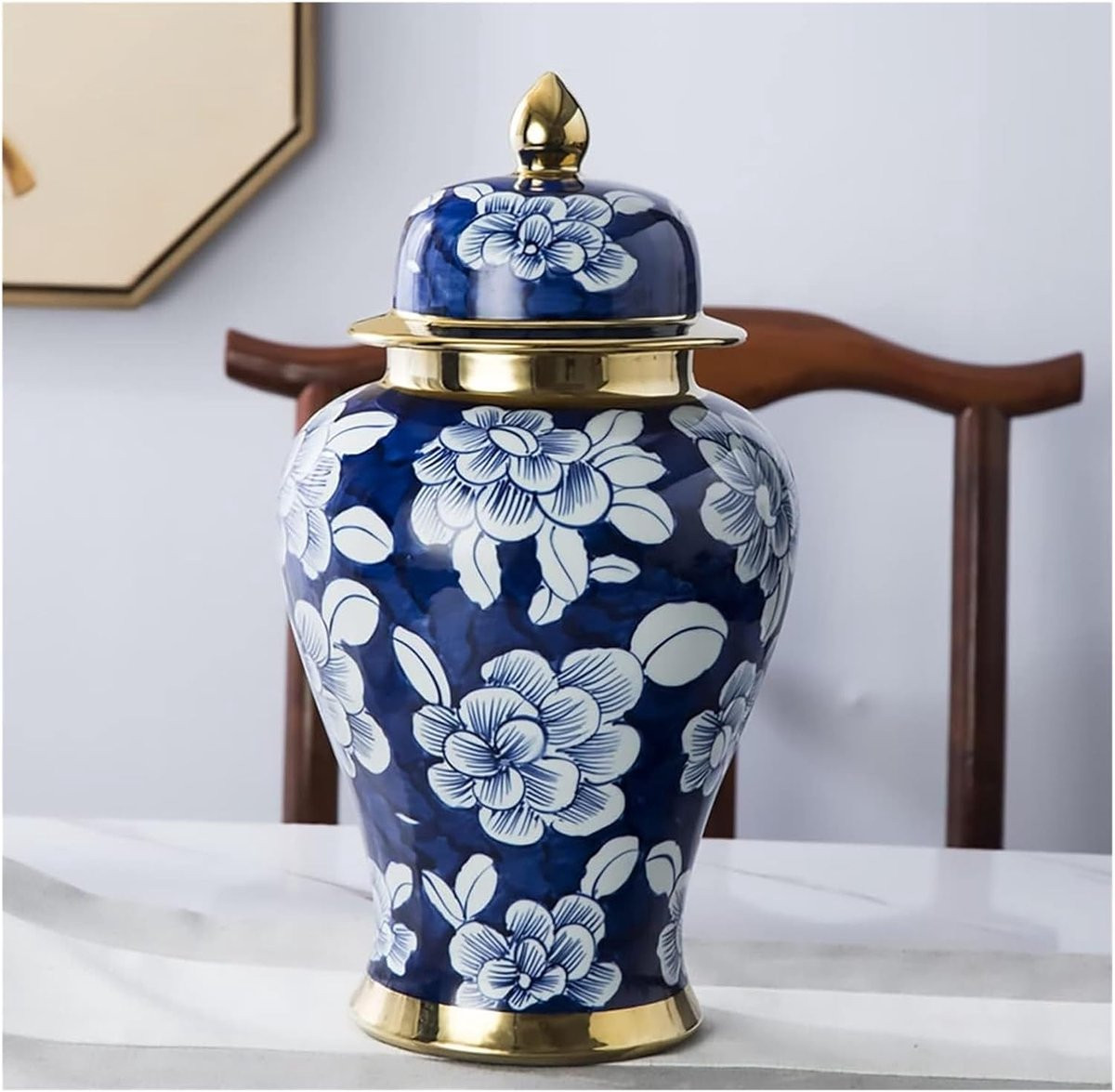 Handgemaakte keramische gemberpot decoratieve vaas in blauw wit, klein formaat