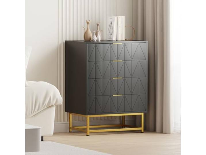 GarveeMore Kommode 4 Schubladen mit Metallgriffen, Schwarz, 60 cm 4 Geräumige Schubladen Einzigartige Baum-Maserung Goldene Metallgriffe 60 cm Breit Schlafzimmer Und Wohnzimmer