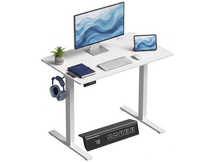 Bureau informatique Assis Debout Électrique Bureau Réglable en Hauteur avec Écran LED 3 Mémoires 2 Crochets Blanc 100x60 cm