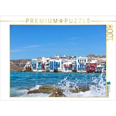 CALVENDO Puzzle Mykonos - Little Venice mit bunten Balkonen am Meer | 1000 Teile Lege-Größe 64x48cm Foto-Puzzle für glückliche Stunden