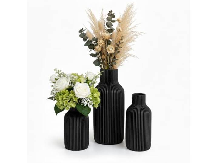 Relaxdays Lot de 3 vases en céramique Noir\, 3 Tailles\, déco de Table pour fleurs fraîches et séchées
