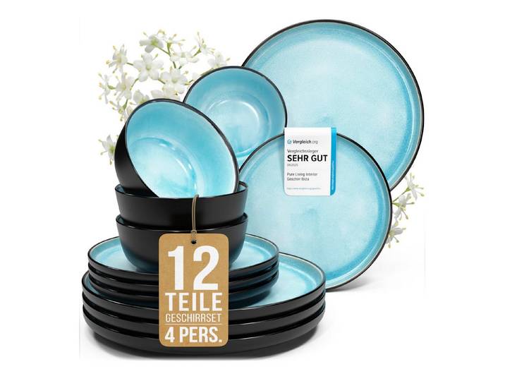 PURE LIVING INTERIOR DESIGN Geschirr-Set Pure Living Geschirr-Set »Ibiza« (12-tlg), 4 Personen, Steingut, Aqua (12-tlg), 4 Personen, Steingut, Mediterrane Handwerksoptik, Reaktive Glasur – jedes Stück einzigartig…