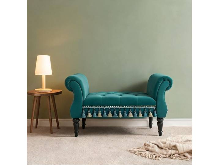 Banc rembourré design vintage en velours vert 117 cm structure bois massif 2 places