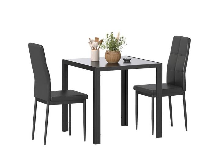 Homcom Essgruppe 3er Set Gehärtetes Glas Metall Schwarz, 75x75x75 cm, Esszimmer, Bank, Tisch- & Eckbankgruppen