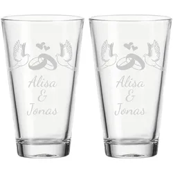 Trinkglas CIAO 300 ml mit Hochzeitsmotiv Ring und Tauben 2er Set