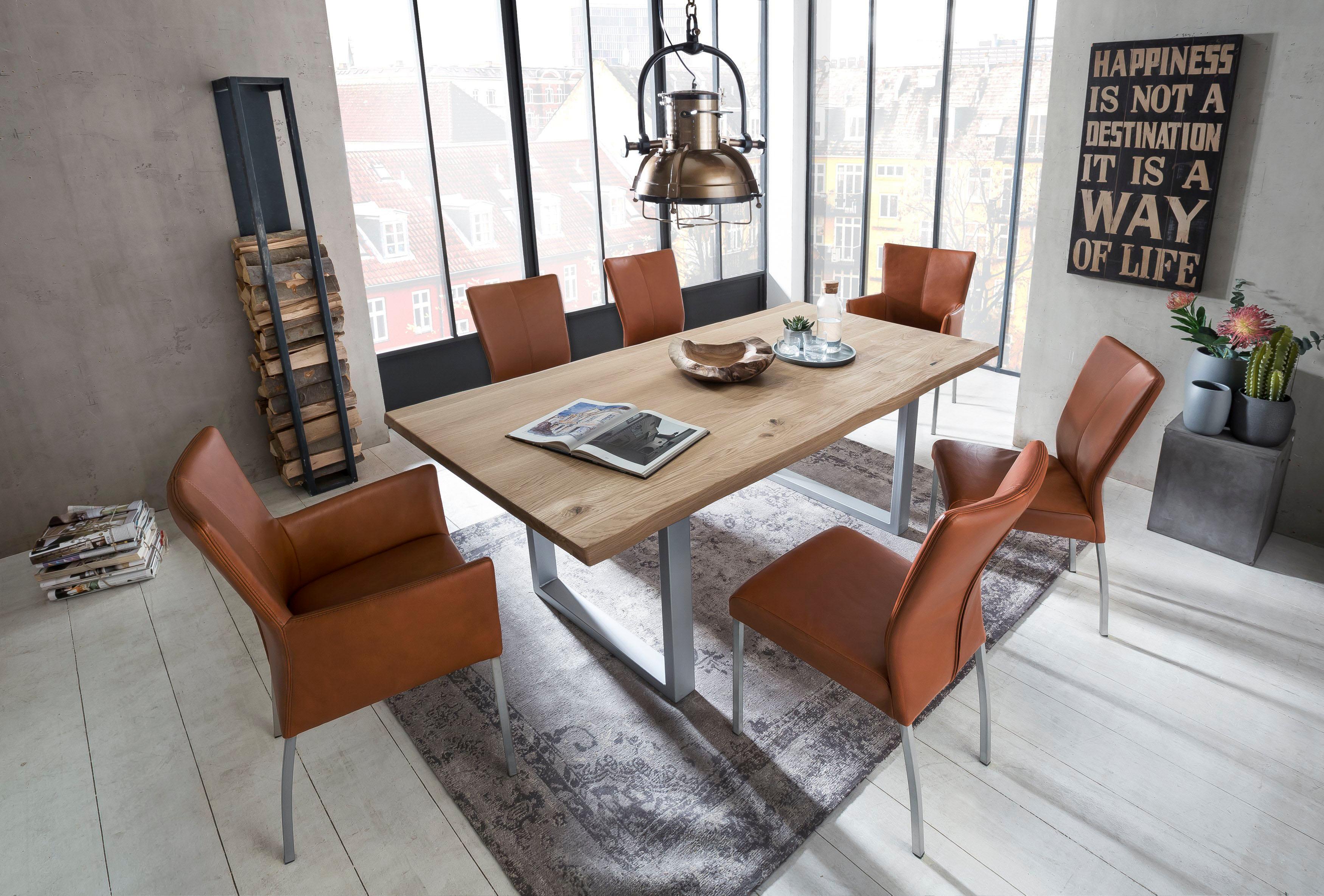 Esstisch SIT "Sydney Wildeiche mit Baumkante & stylischem Kufengestell", beige (natur), B:200cm, Tische, Esstisch, geölte Wildeiche mit Baumkante wie gewachsen & durchgehenden Lamellen natur B/H/T: 200cm