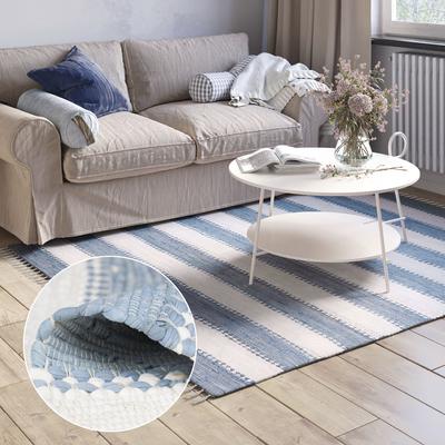 Teppich "Karim", blau (hellblau, weiß), B:80cm H:10mm L:150cm, Baumwolle, Polyester, MYFLAIR MÖBEL & ACCESSOIRES, Teppiche, Teppich, Handweb Teppich, gestreift, 90% Baumwolle, handgewebt, mit Fransen