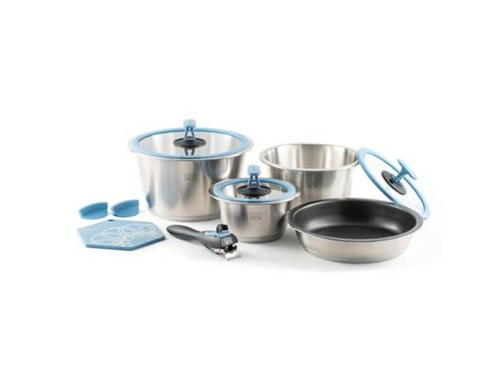 cookvision nesto stapelbares Topf- und Pfannenset 11-tlg. Blau, 3 Edelstahltöpfe, Spülmaschine, Induktion, Backofen, Antihaftpfanne, abnehmbarer Griff, 3 Glasdeckel, für Paare, Camping, Reisen
