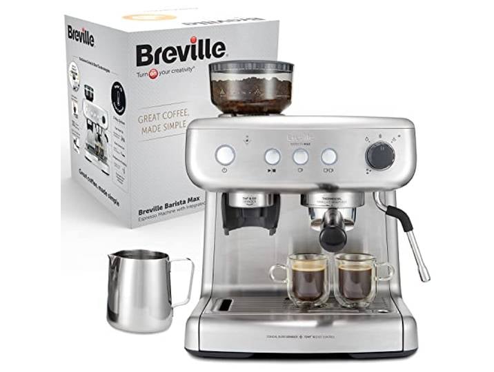 Breville Barista Max Siebträgermaschine Espressomaschine/Kaffeemaschine mit integriertem Mahlwerk und Milchaufschäumer 2,8-l-Wasserbehälter Italienische Pumpe mit 15 Bar Edelstahl [VCF126X]