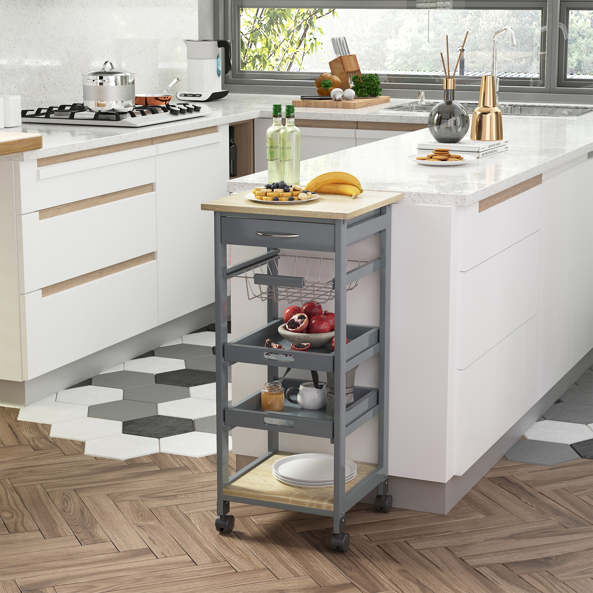 Homcom Carrello da servizio carrello da cucina a ruote con cestino + 2 vassoi rimovibili, cassetto, mensola in legno rovere chiaro