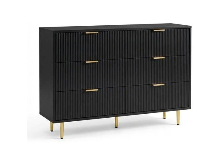 Commode moderne - LUNSY - Six tiroirs - Noir - Façades rainurées - Poignées en laiton - Pieds dorés - Bois massif