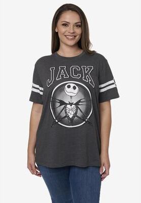 Plus Size Women's Jack Skellington Striped Short Sleeve T-Shirt by Disney in Charcoal (Size 2X (18-20))
